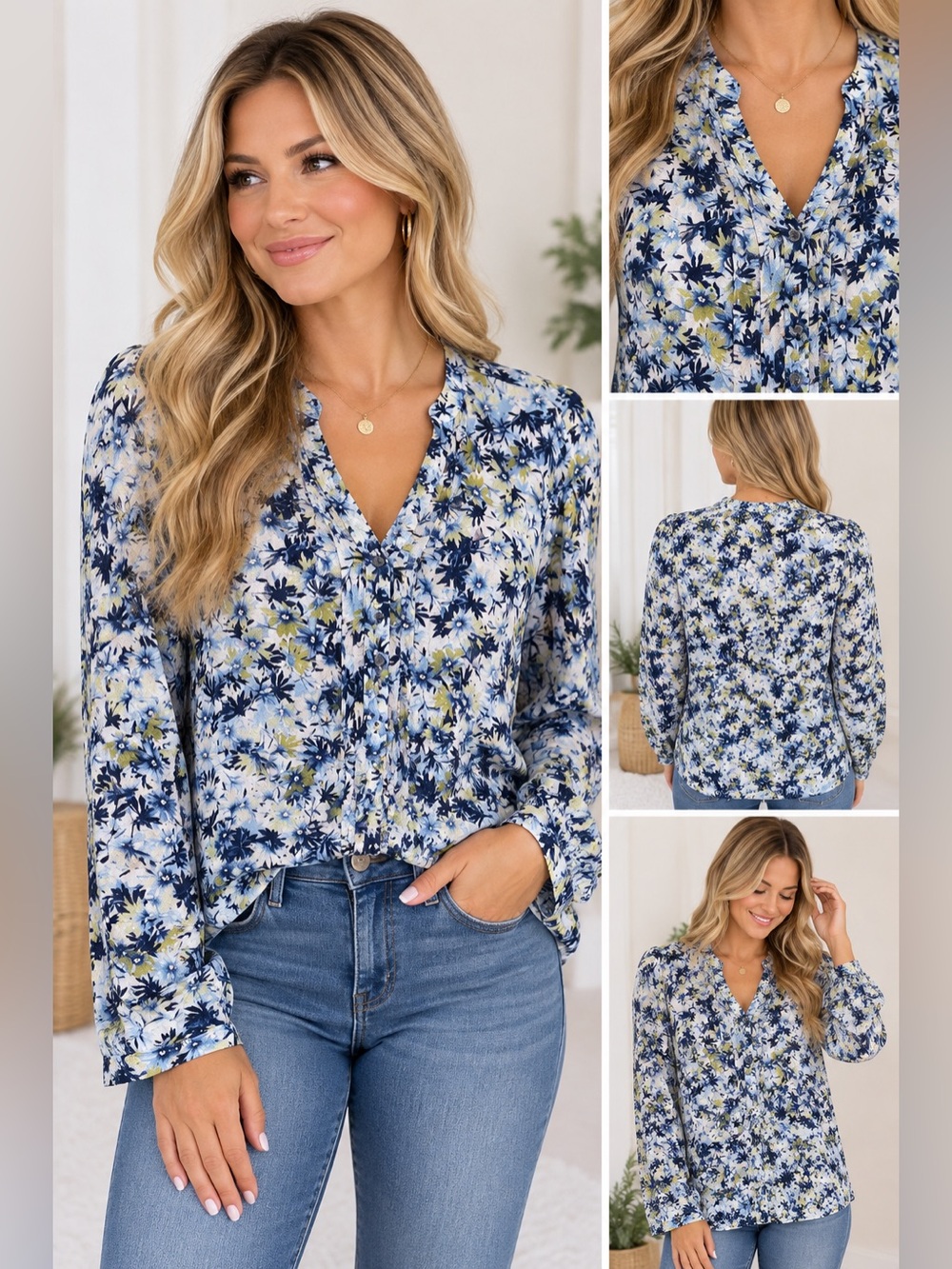 J. Jill Women's Floral Print Long Sleeve button front sheer V-Neck Blouse size M